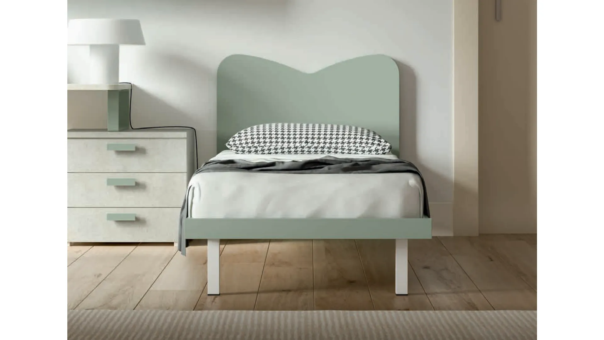 Modern single bed with shaped headboard and square feet 200x90