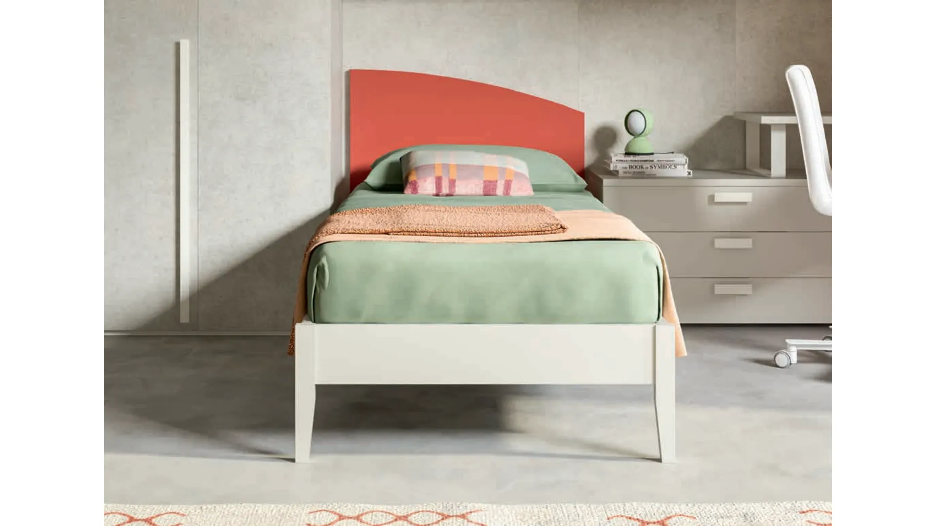 Single bed with a shaped headboard reminiscent of a sail, customizable finishes 205x90
