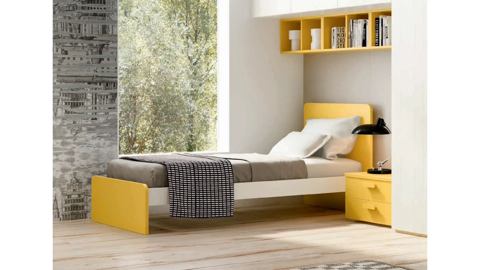 Single bed with rounded headboard and modular bed frame, Quadro model, 90x205.