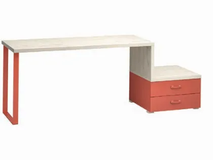 Writing desk with integrated drawer unit and shelves, available in various models and finishes.