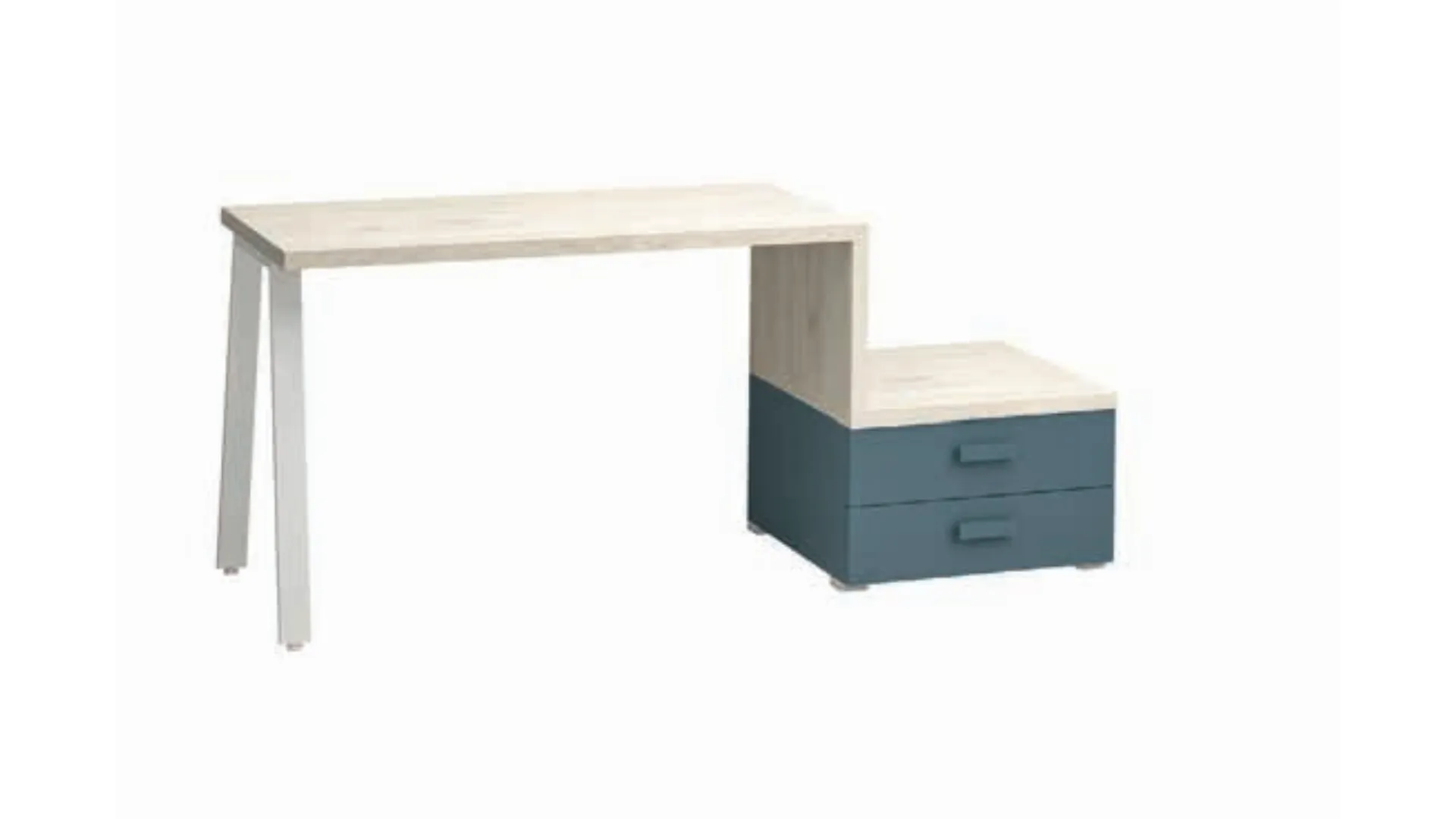 Writing desk with integrated drawer unit and shelves, available in various models and finishes.