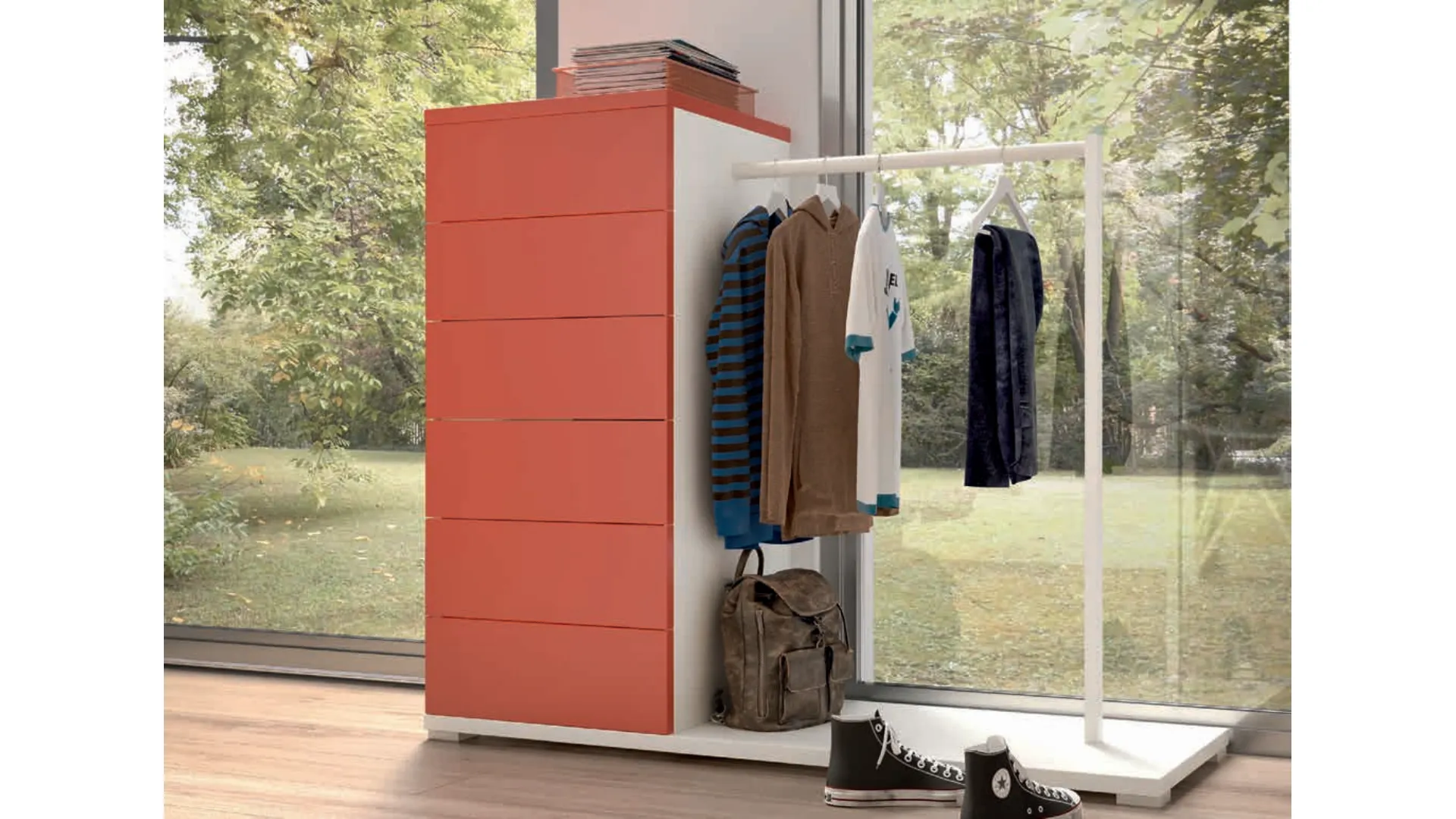 Weekly with cushioned drawers and retractable guide, integrated coat rack
