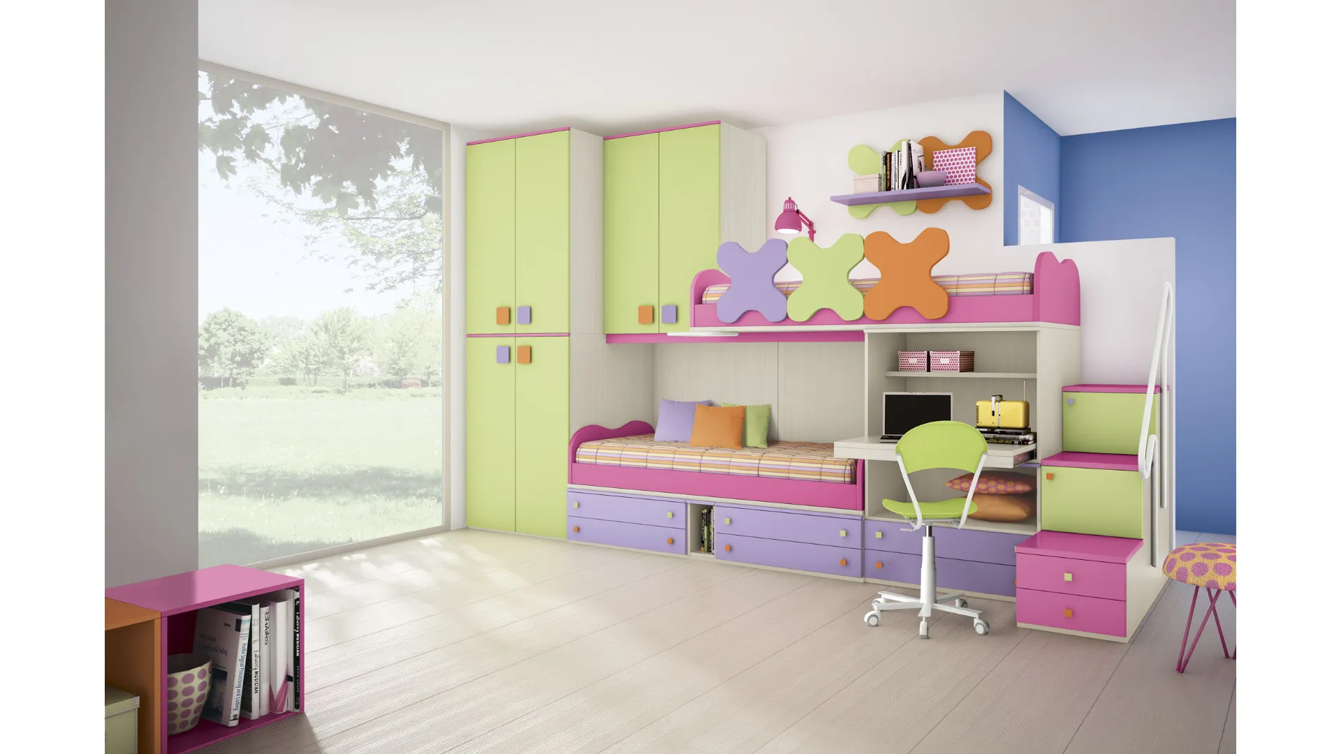 Space-saving colored bedroom