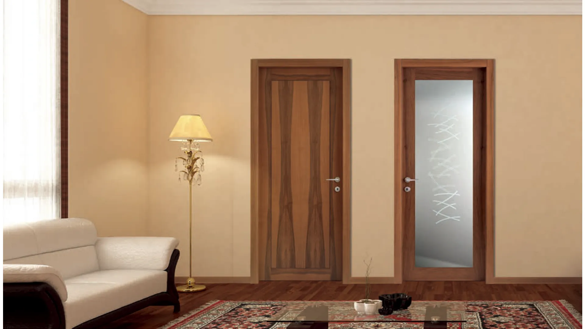 wooden door with frosted glass