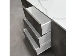 Sideboard with 2 cushioned doors, 3 central drawers, and metal feet.