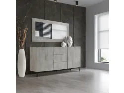Sideboard with 2 cushioned doors, 3 central drawers, and metal feet.