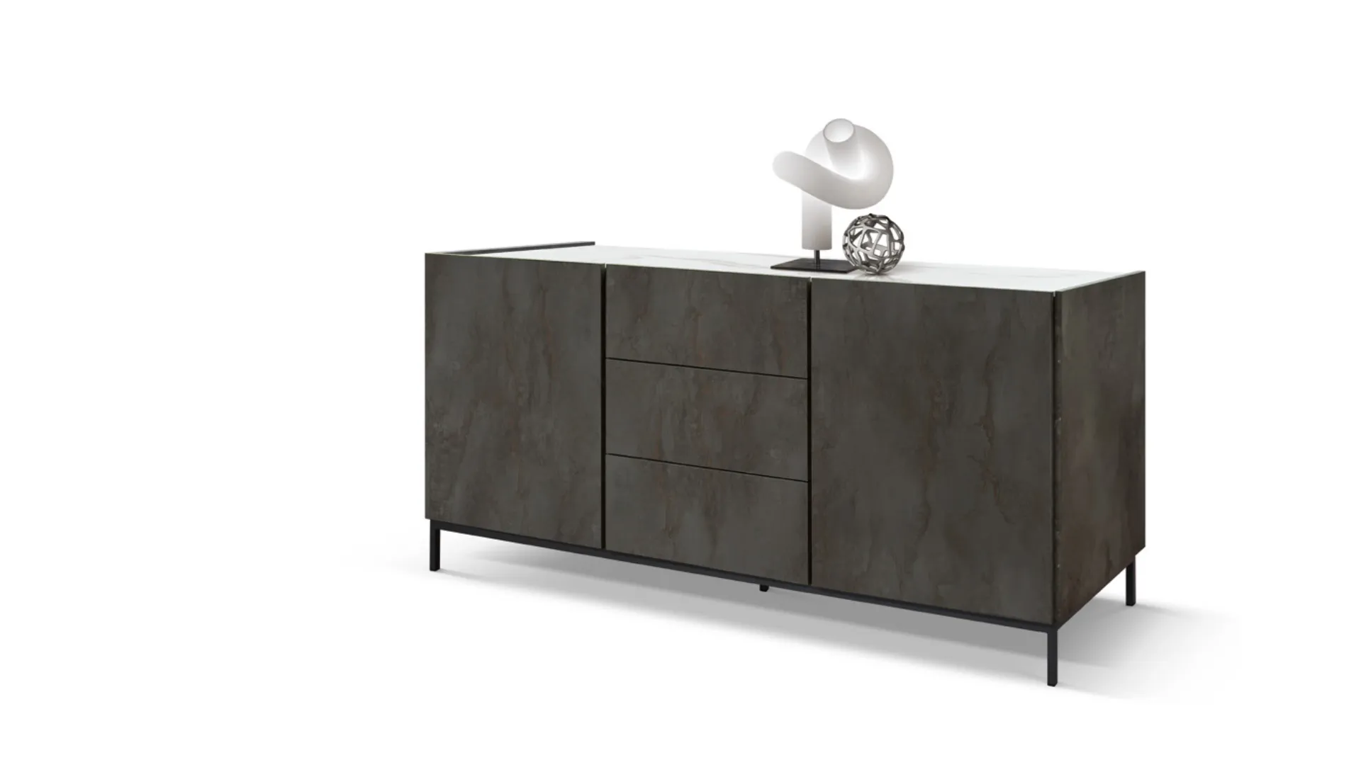 Sideboard with 2 soft-close doors, 3 central drawers and metal feet.