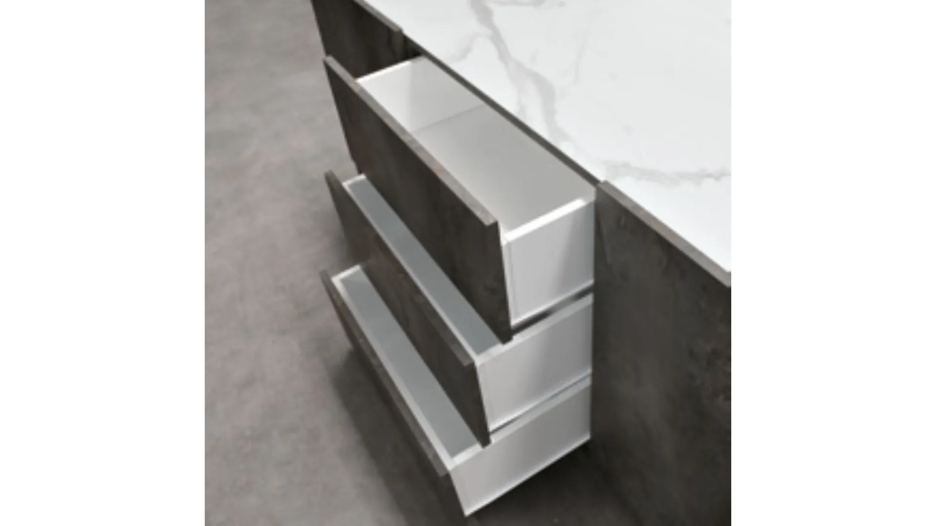 Sideboard with 2 cushioned doors, 3 central drawers, and metal feet.
