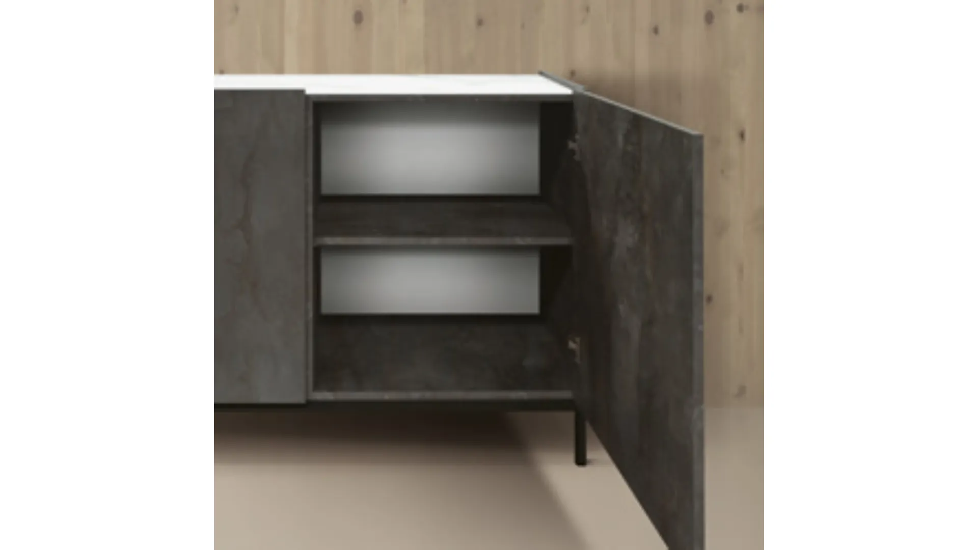 Sideboard with 2 soft-close doors, 3 central drawers, and metal legs.