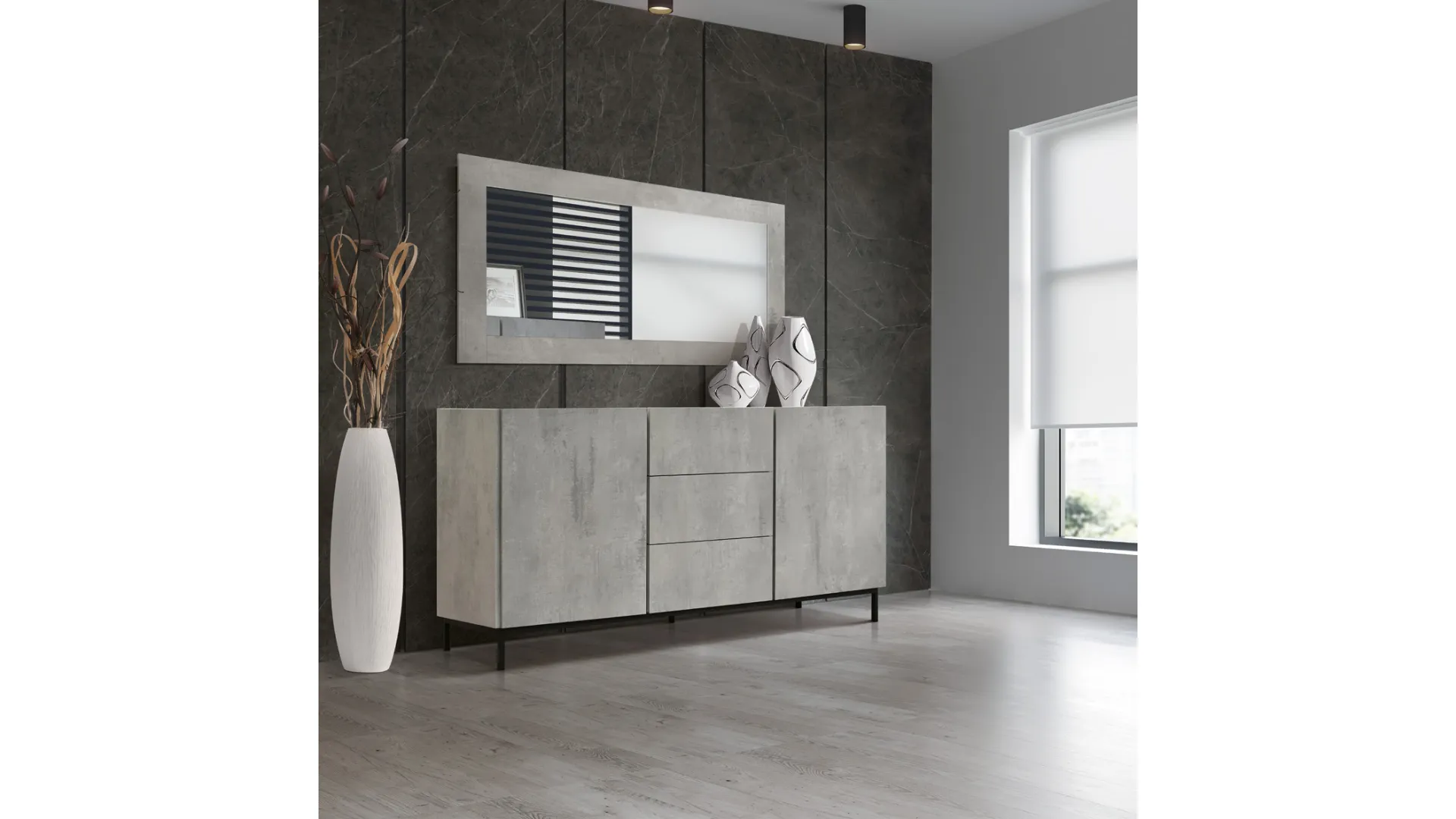 Sideboard with 2 cushioned doors, 3 central drawers, and metal feet.