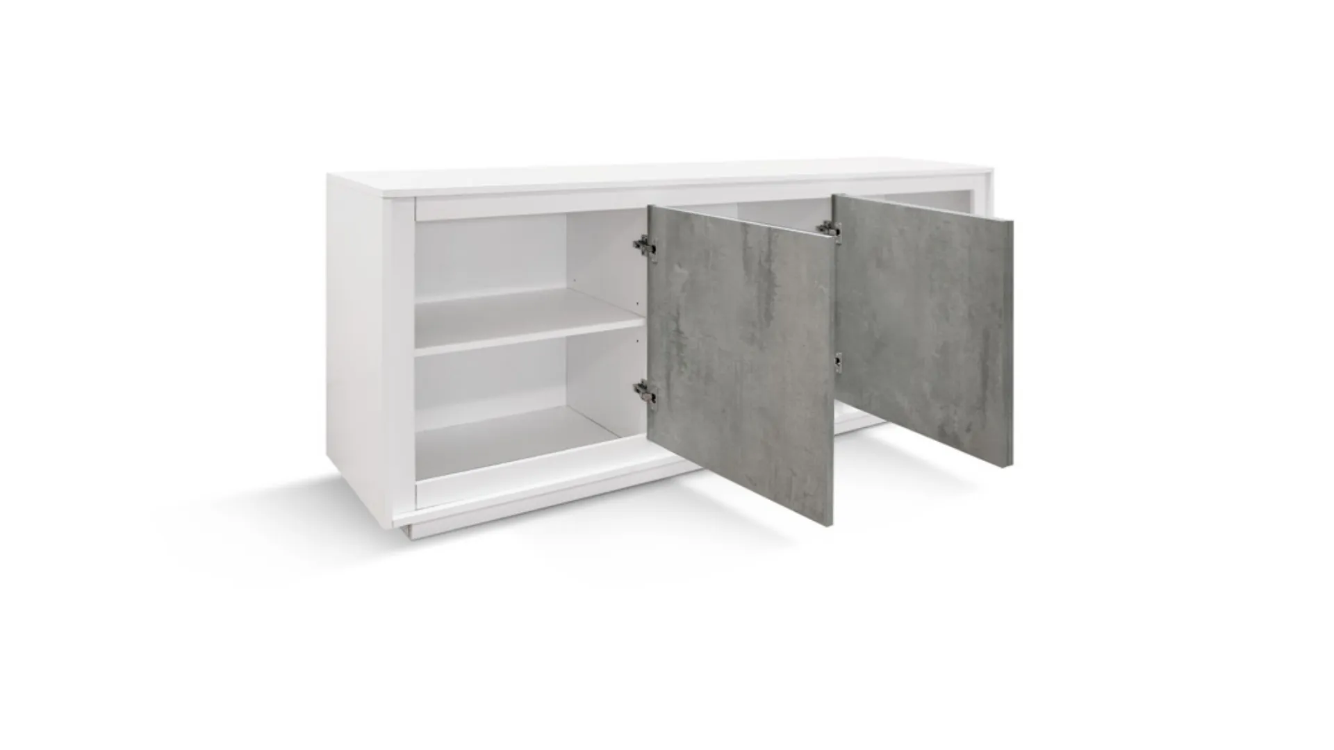 Three-door media unit with soft-close hinges, measuring 180x80, with an internal shelf and spacious surface.