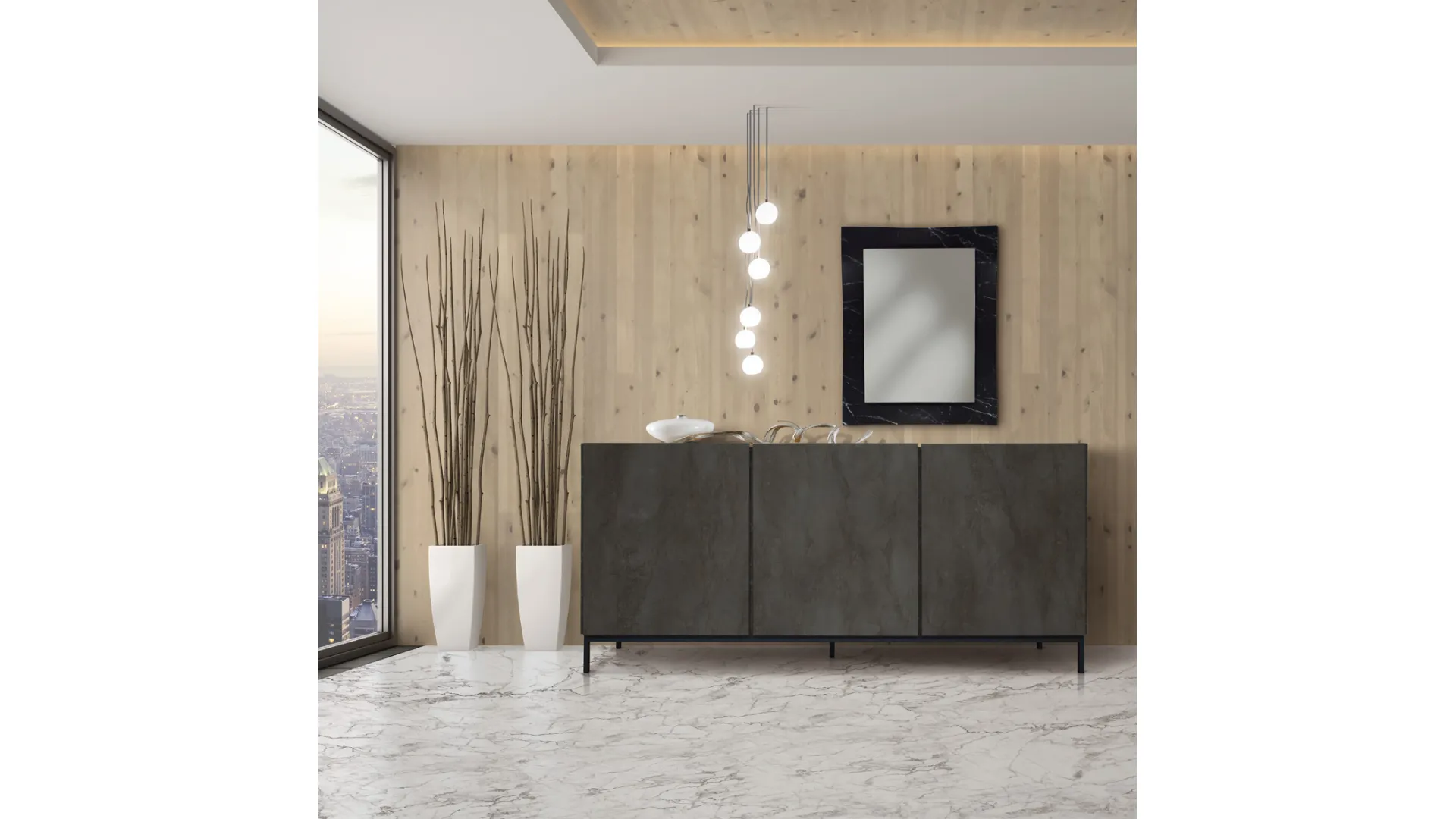 Three-door sideboard with cushioned metal feet in various finishes 200x90
