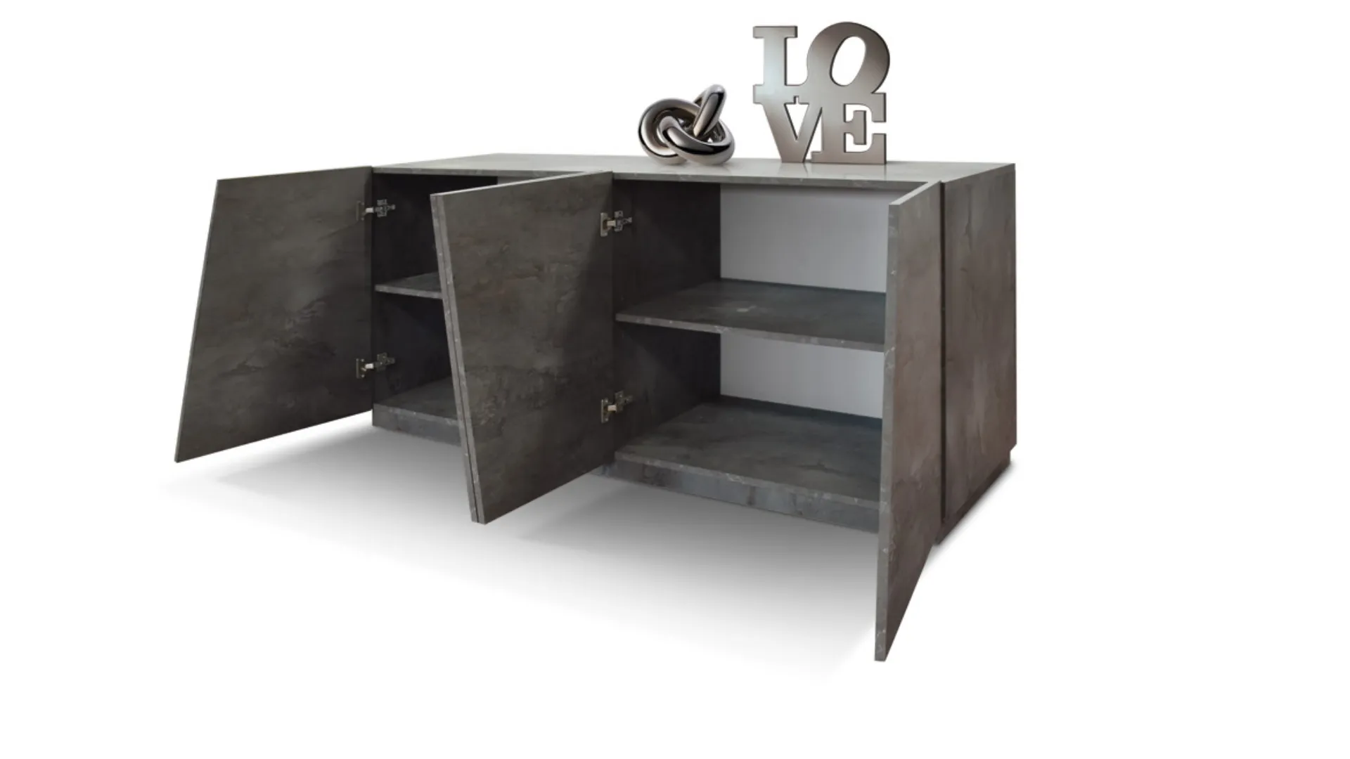 Sideboard with 4 soft-close doors, oxidized steel finish, dimensions 180x80.