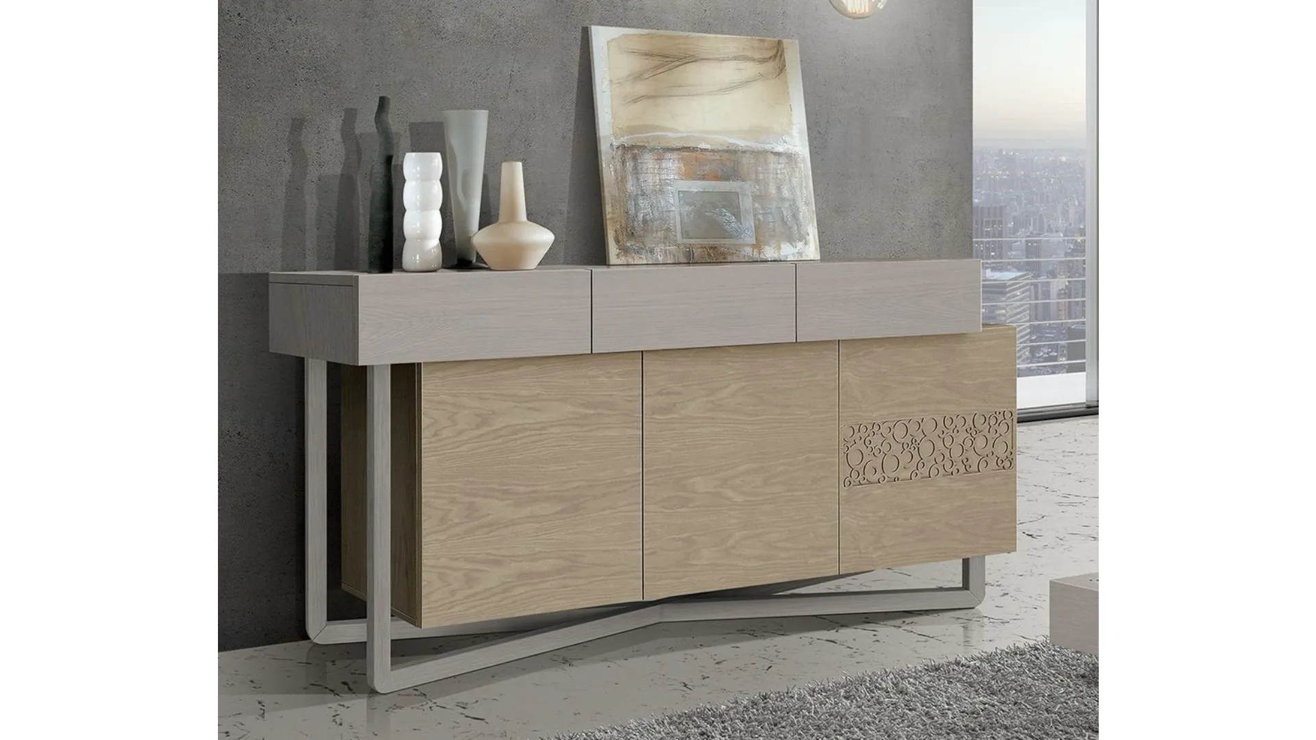 Handcrafted ash wood three-door sideboard 210x98
