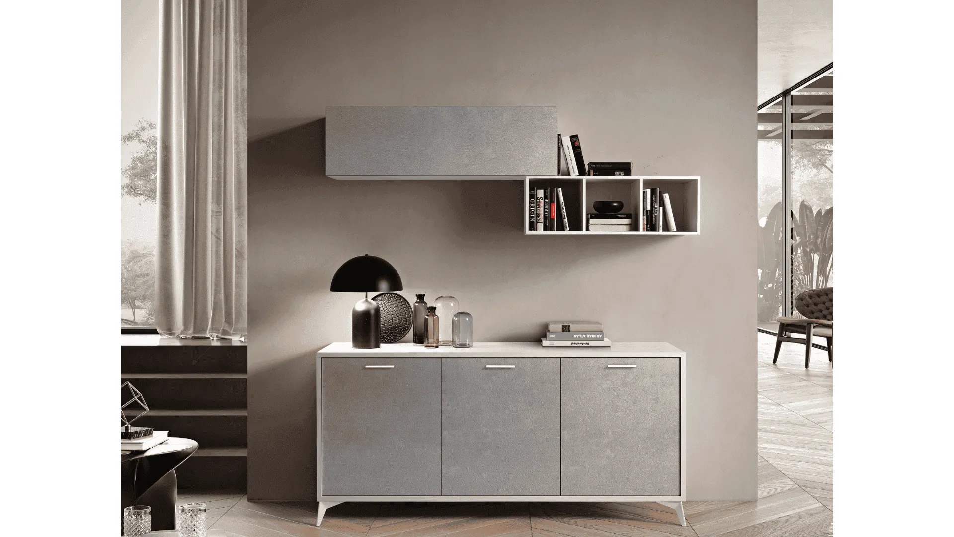 Modern sideboard with suspended wall units and open compartments.