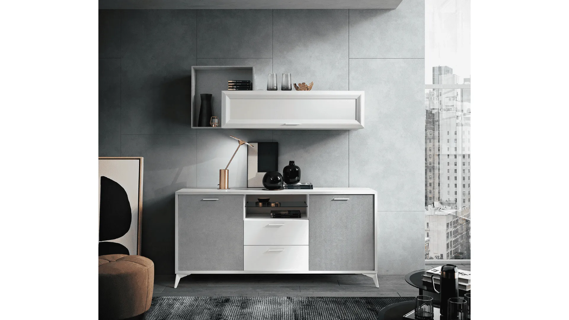 Modern sideboard with inclined feet, open compartments and suspended wall unit in silver/white finish.