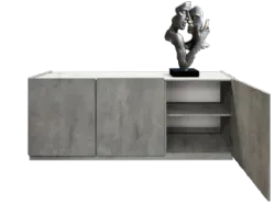 Three-door sideboard with gray cement finish, white statuary marble top finish.
