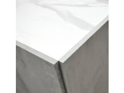 Three-door sideboard with cushioned grey cement finish, white statuario marble top finish.