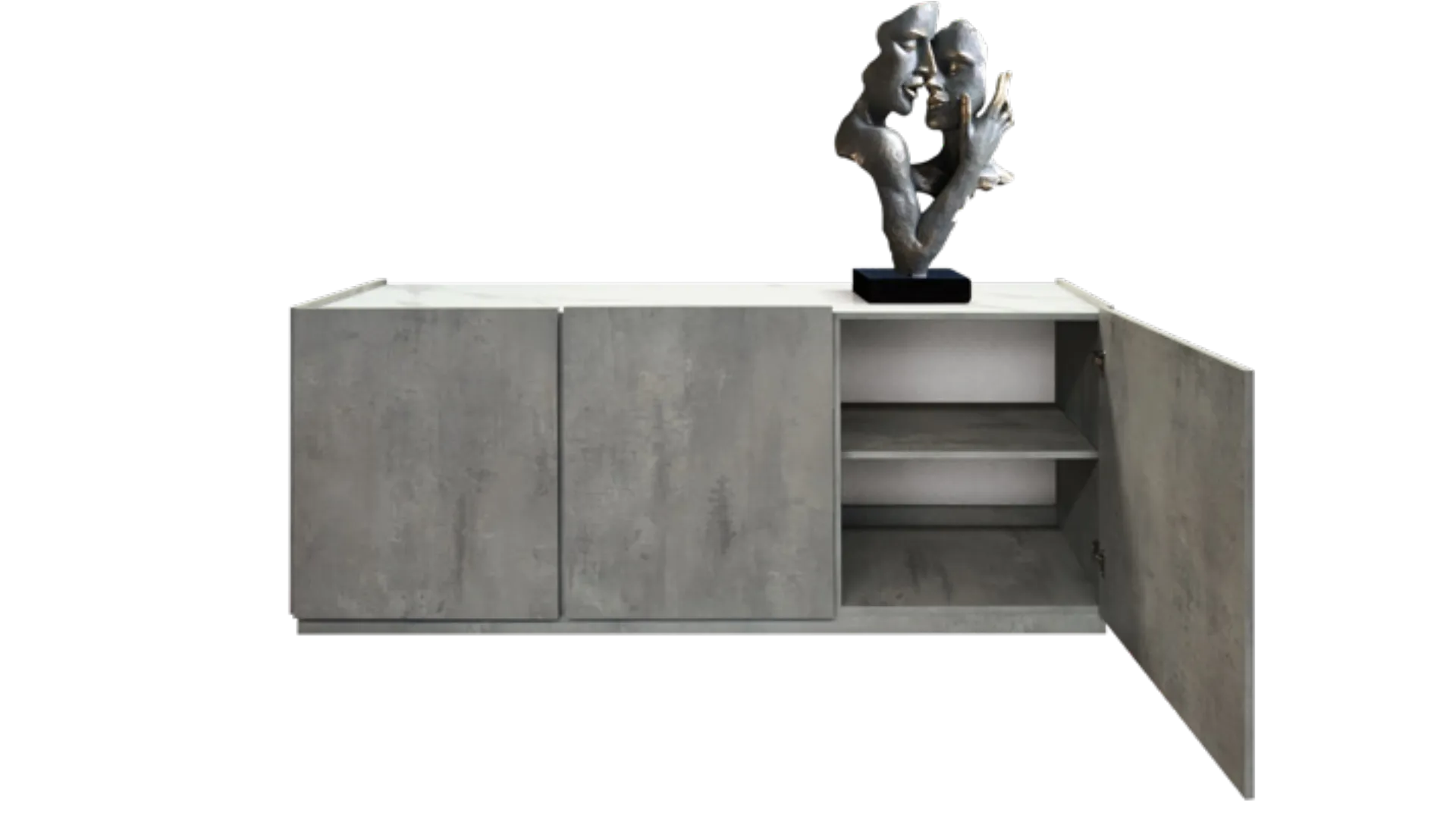 Three-door sideboard with gray cement finish, white statuary marble top finish.