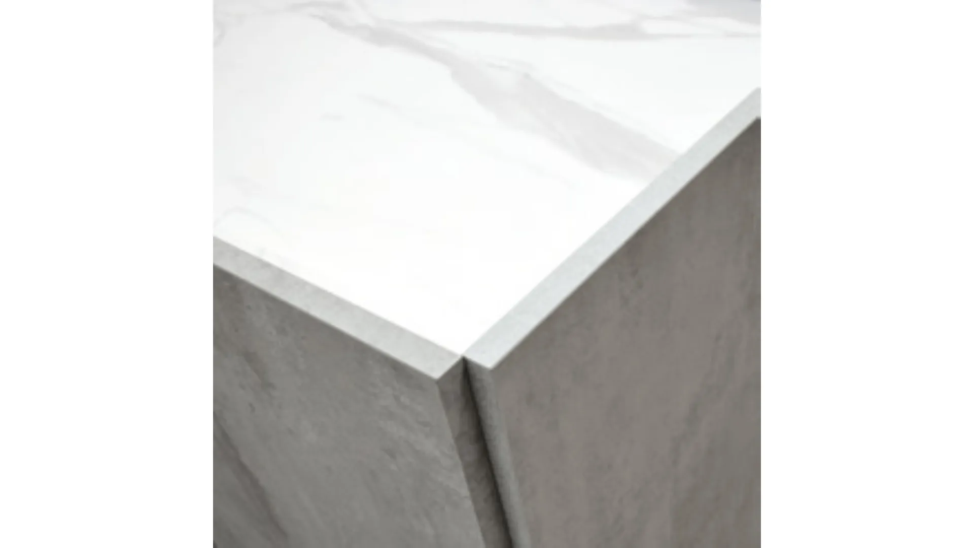 Three-door sideboard with cushioned grey cement finish, white statuario marble top finish.