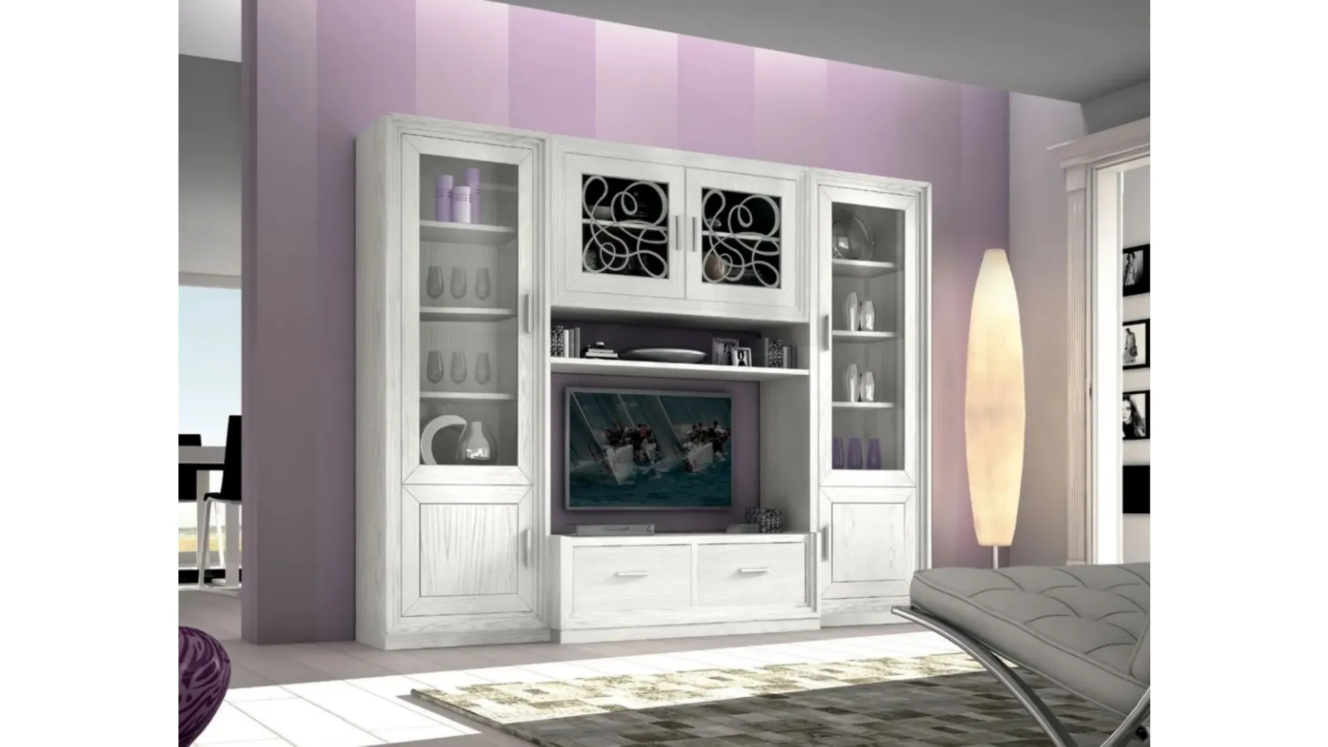 Spacious mobile living with drawers, display cabinets, and TV storage space.