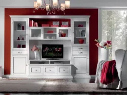 Modern ash wood living room furniture with side glass cabinets and large central space.