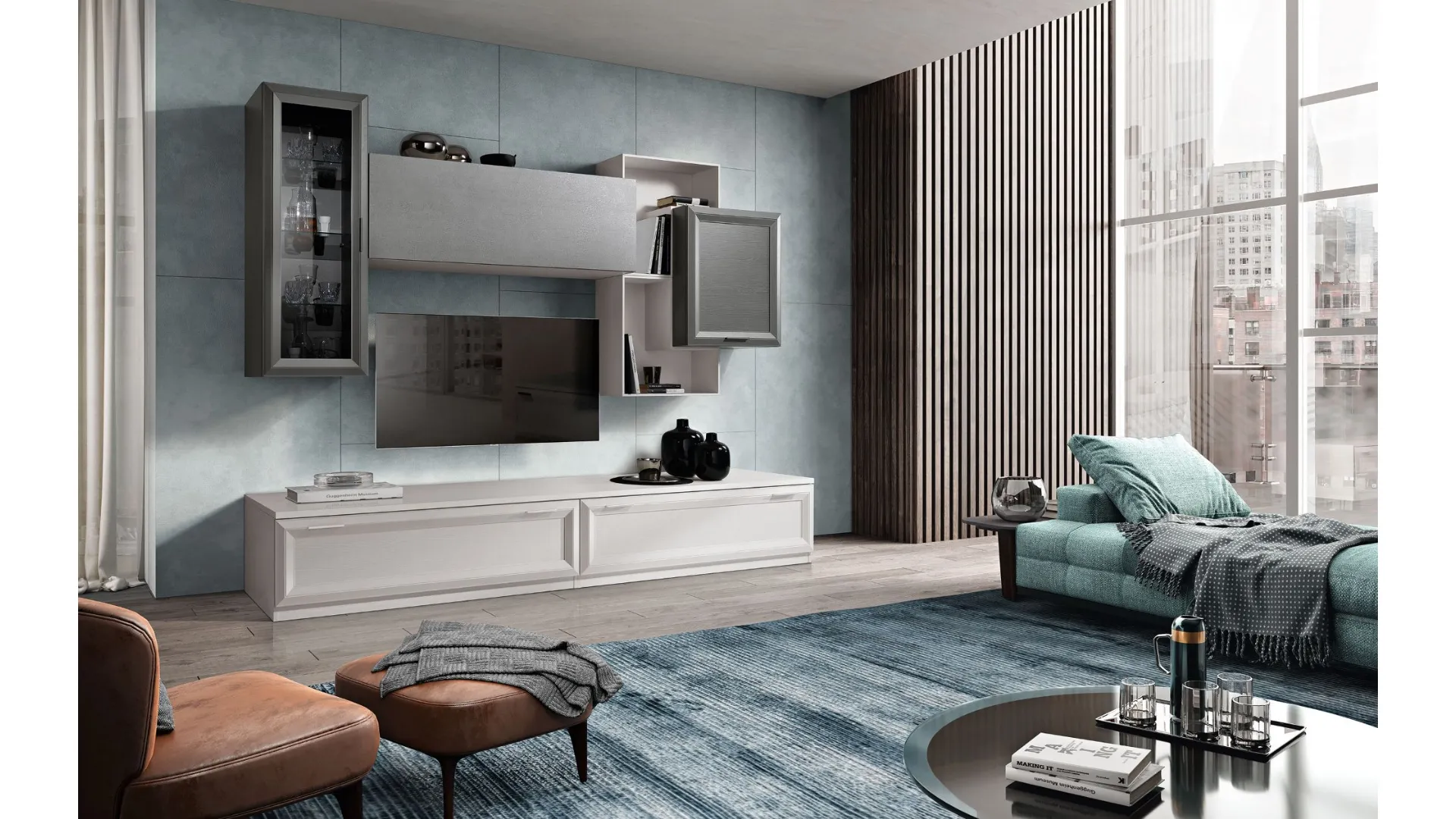 Wall unit with silver finish and high-quality white ash 270x215