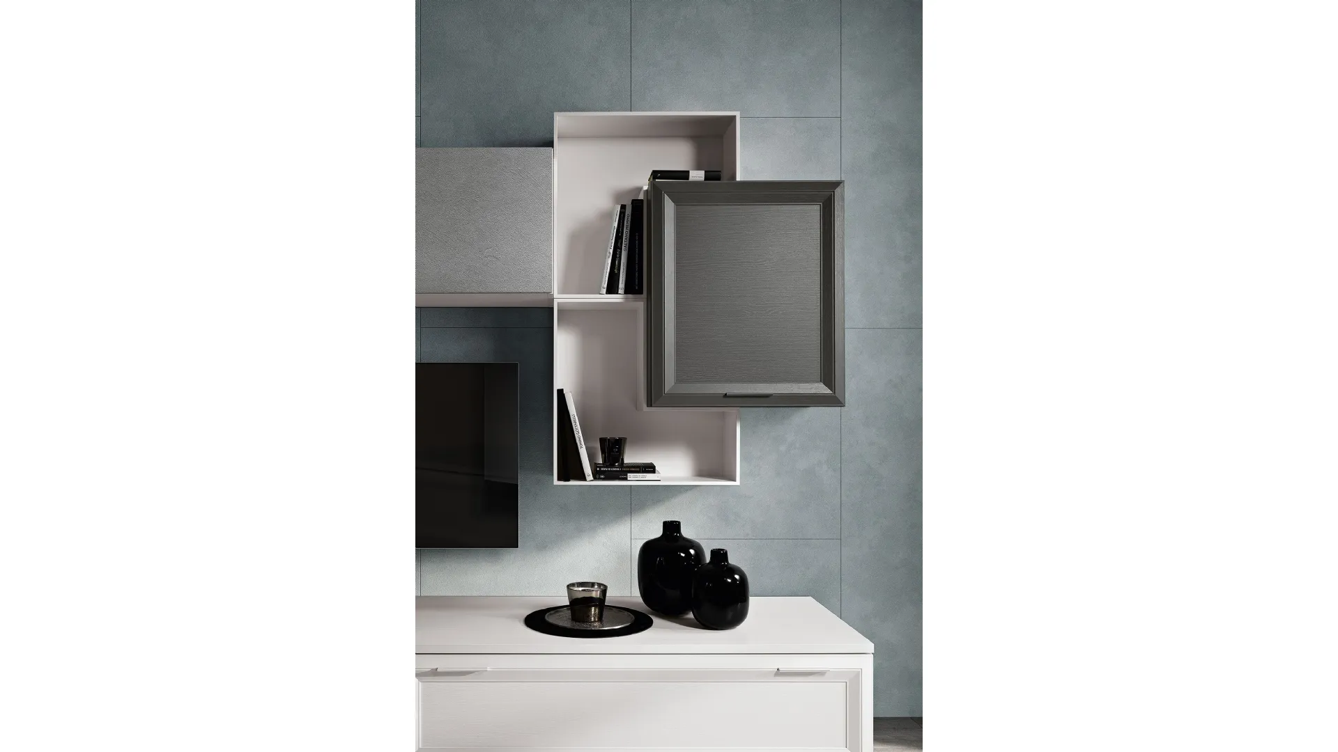Wall unit with silver finish and high-quality white ash wood 270x215