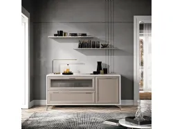 Living room composition with an elegant sideboard in a hemp/white ash finish and shelves