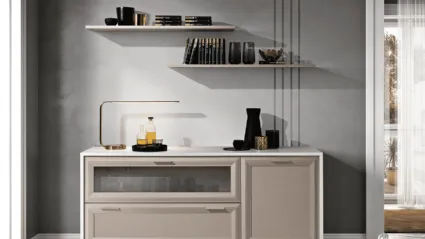 Living room composition with an elegant sideboard in a hemp/white ash finish and shelves