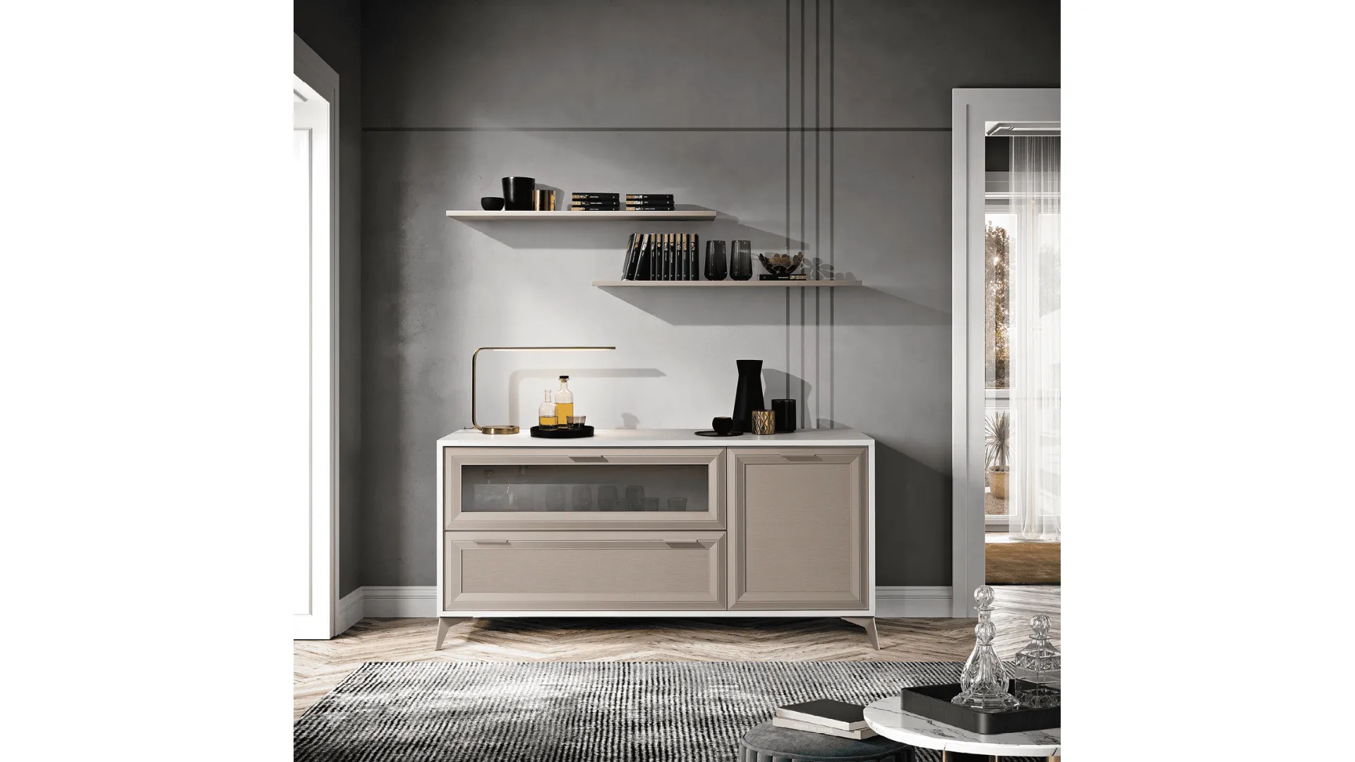 Living room composition with an elegant sideboard in a hemp/white ash finish and shelves
