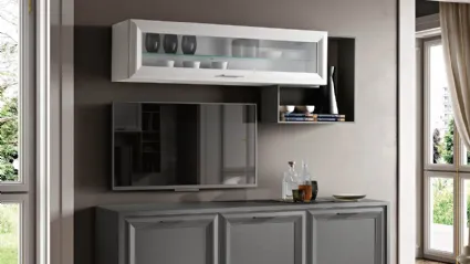 Contemporary sideboard with slanted legs, wall-mounted glass display cabinet, and TV space.
