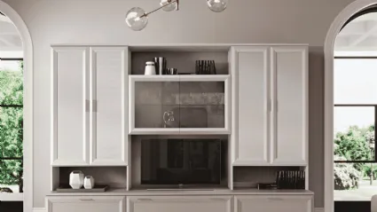 Modern living room with side modules with hinged doors and drawers, central display cabinet.