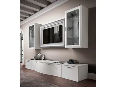 Mobile living room with round shapes, featuring a double suspended glass cabinet and a suspended TV frame.