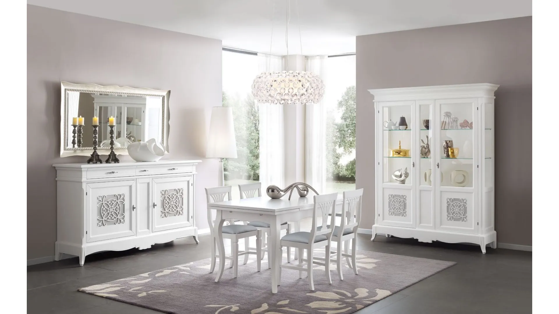 Classic living room complete with sideboard, table with 4 chairs, silverware all made of high-quality materials