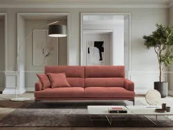 Sofa with adjustable fabric backrest.