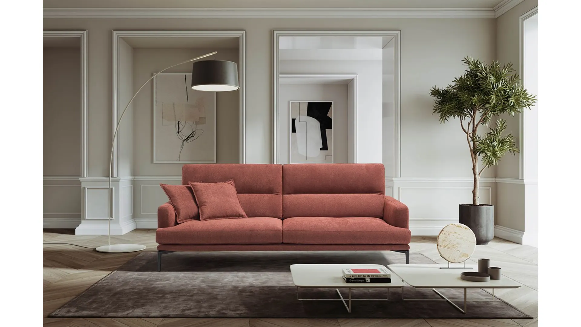 Sofa with adjustable fabric backrest.
