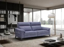 Designer fabric sofa with wooden frame and metal legs.
