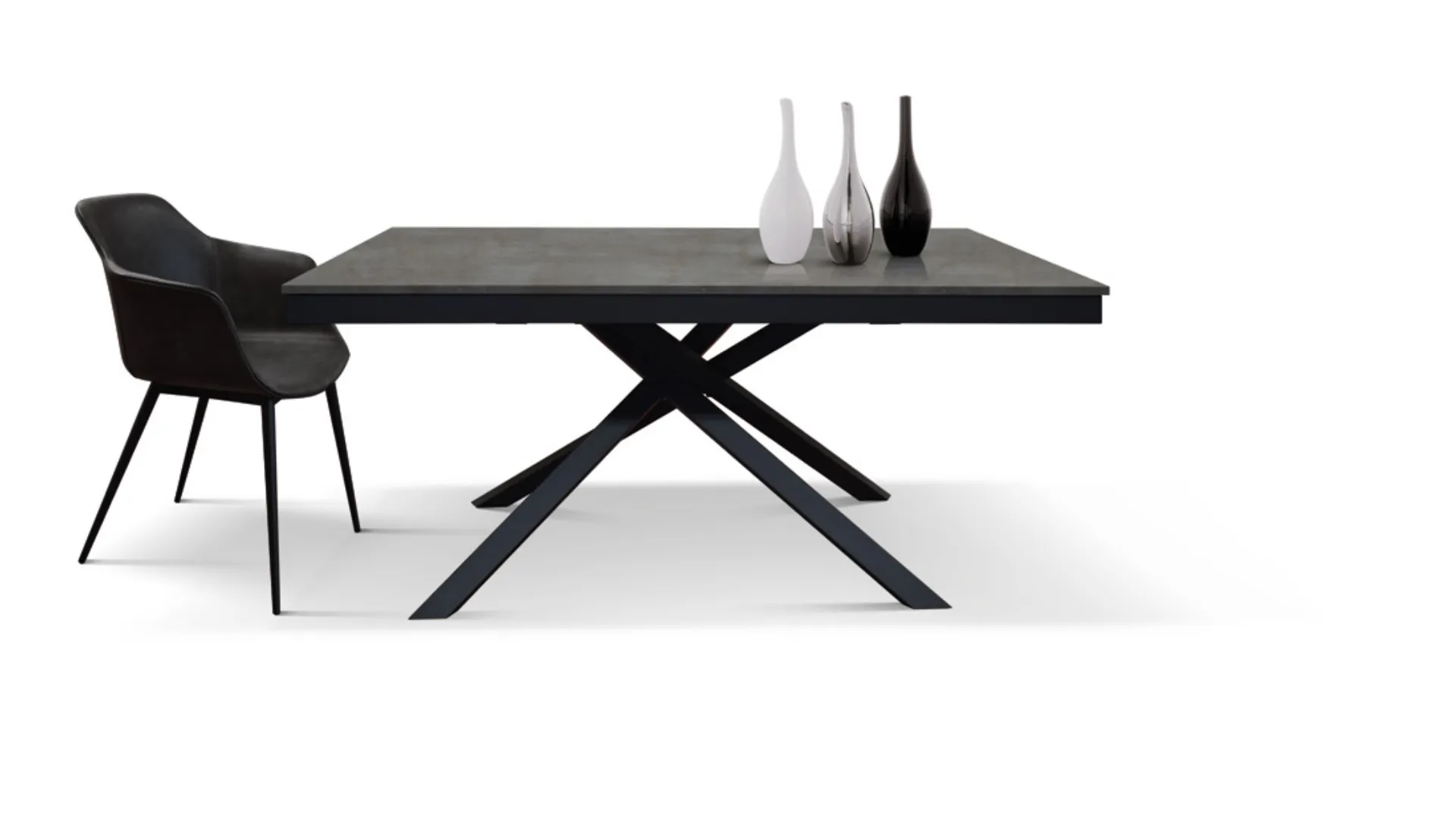 Extendable table of various measurements with side extension and central base.