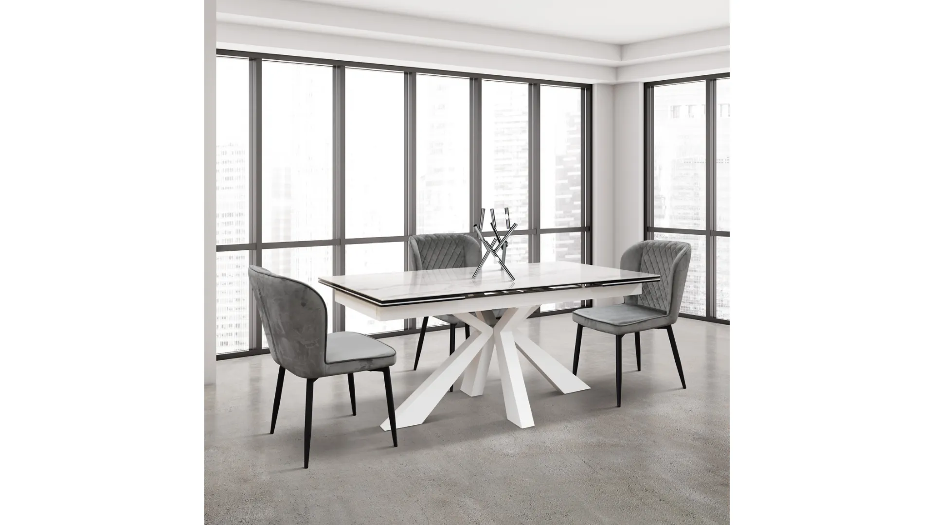Extensible table 160x75 with central metal base and 2 lateral extensions.