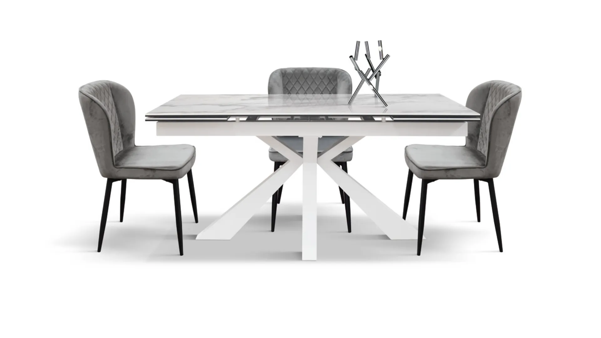 Extendable table 160x75 with central metal base and 2 side extensions.