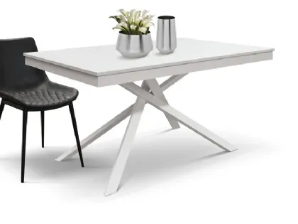 Extendable table with central metal design base and white ash wood finish top.