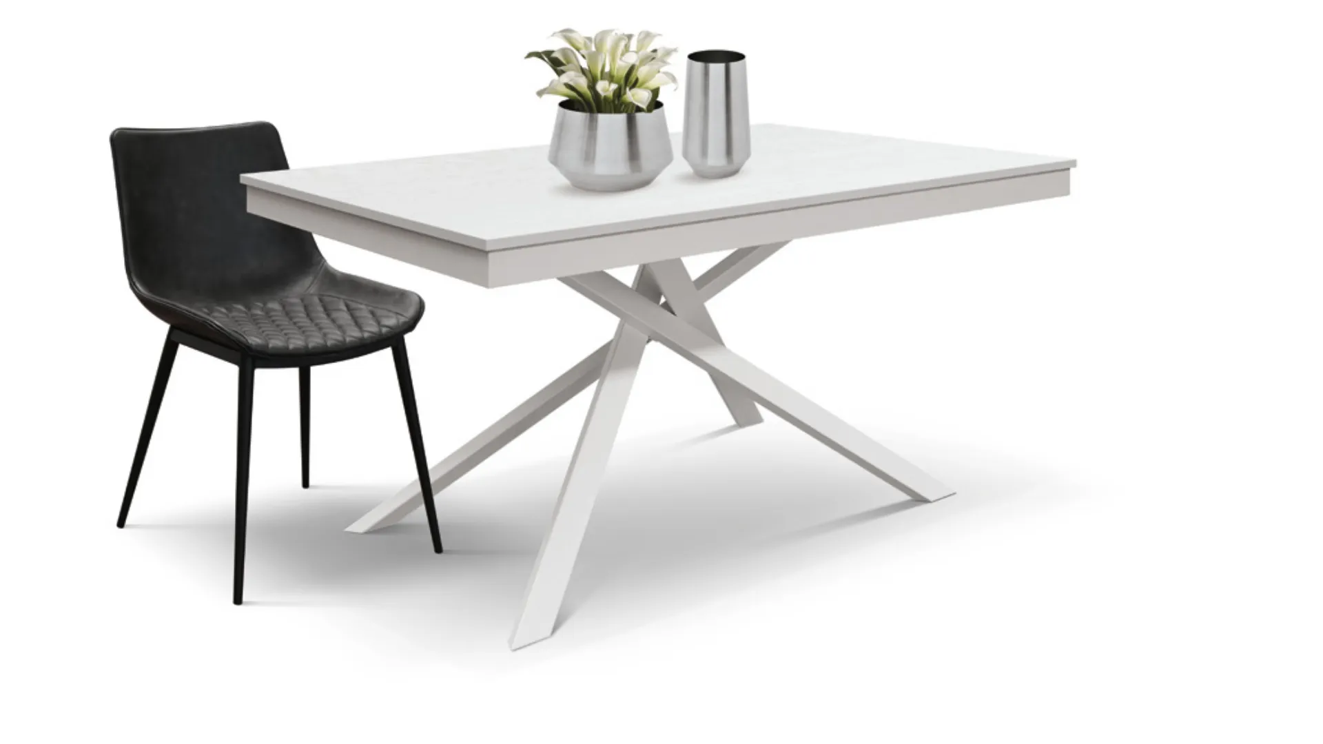 Extendable table with central metal design base and white ash wood finish top.