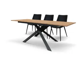 Extendable table with rustic oak finish top, metal central base.