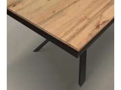 Extendable table with rustic oak finish top, central metal base.