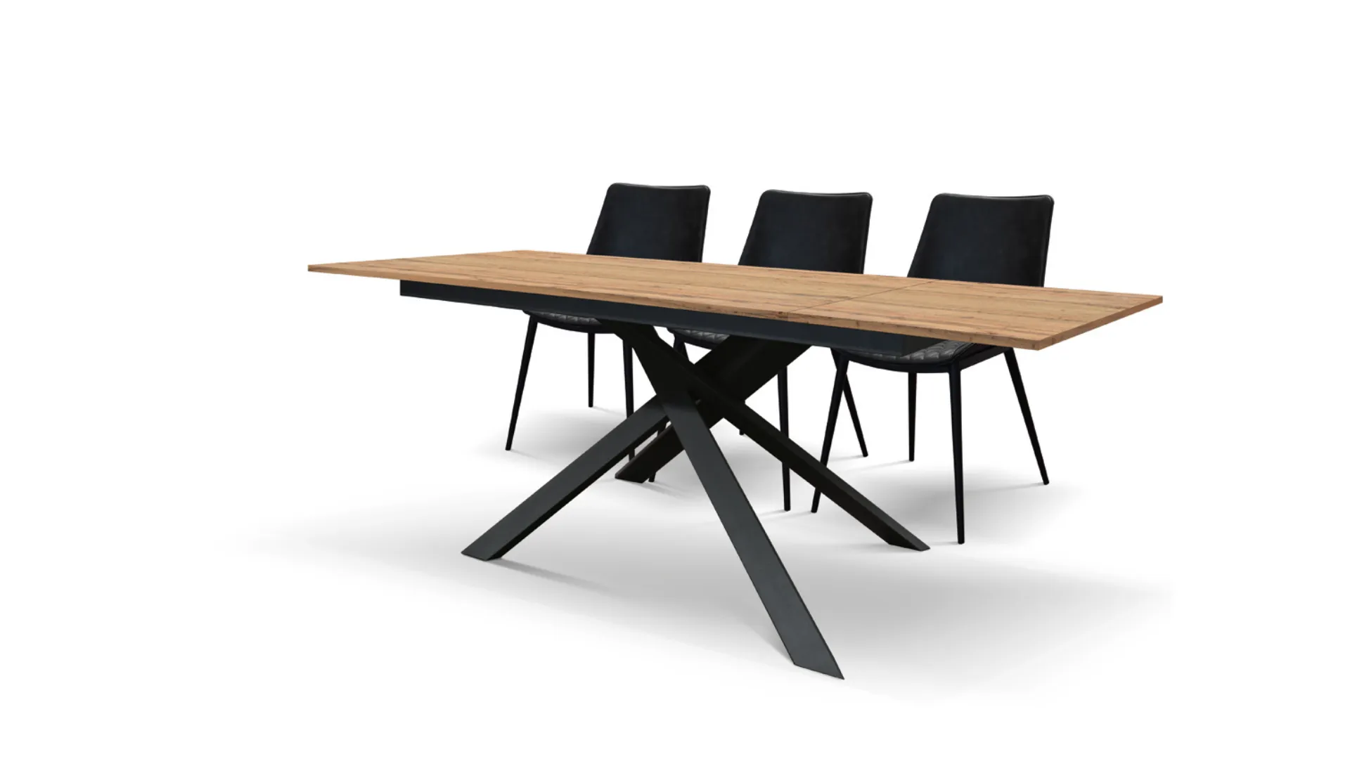 Extendable table with rustic oak finish top, metal central base.