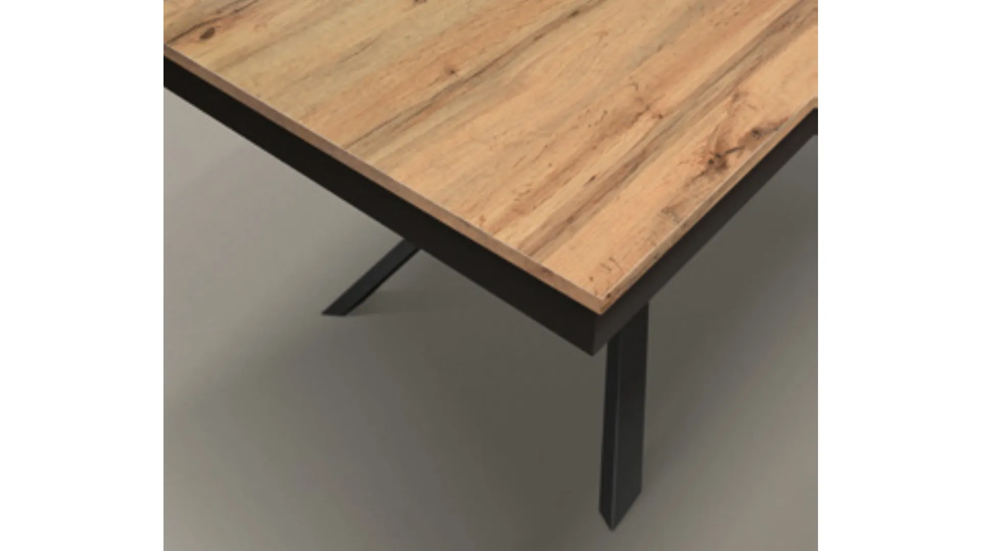 Extendable table with rustic oak finish top, central metal base.