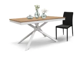 Versatile table with side extension in oak finish top and white central base.