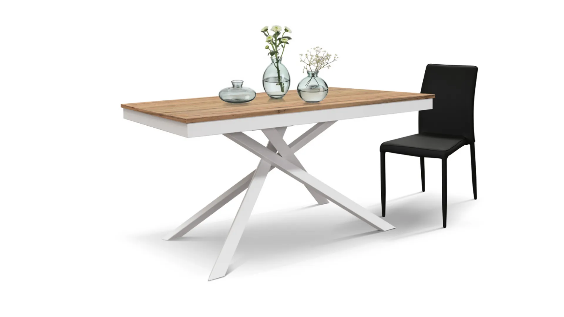 Versatile table with side extension in oak finish top and white central base.