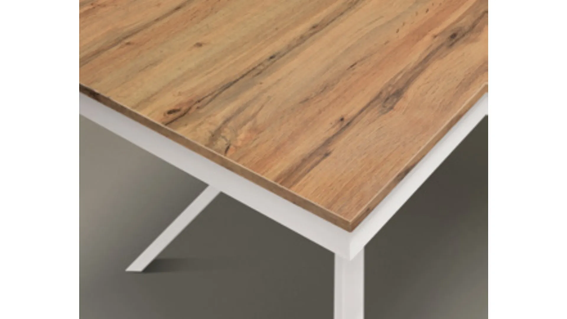 Versatile table with side extension leaf, oak finish tabletop, and white central base.